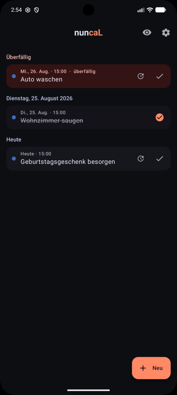 nuncaL Liste im dunklen Design