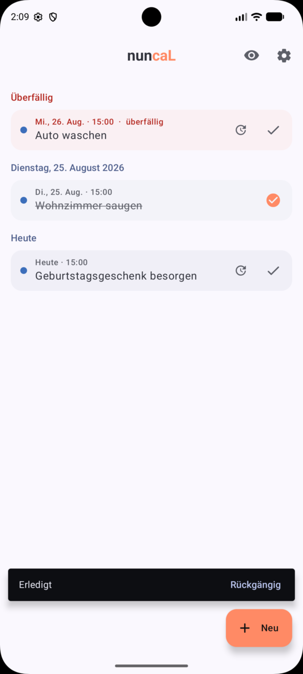 nuncaL Liste mit überfälligen und erledigten Einträgen